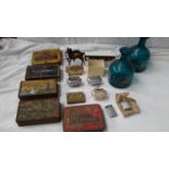 A selection of tobacco tins, lighters & 2 advertisement decanters