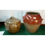 Large stone ware 2 handled pot together with one other with lid