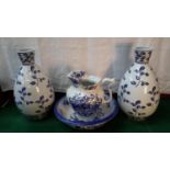 2 large blue & white vases, together with wash bowl & jug