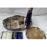 Large gallery tray with silver plated & EP wares to include Wade wine pourer, cigar box, toast racks