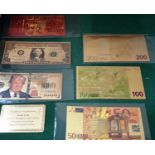 6 various 24kt foil bank notes & various world bank notes