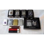 5 new Zippo lighters, 3 Zippo lighter cases, Vulcan masonic lighter & 3 others