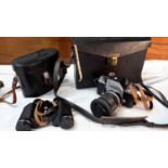 Nikon camera & bag together with Pentax binoculars & case