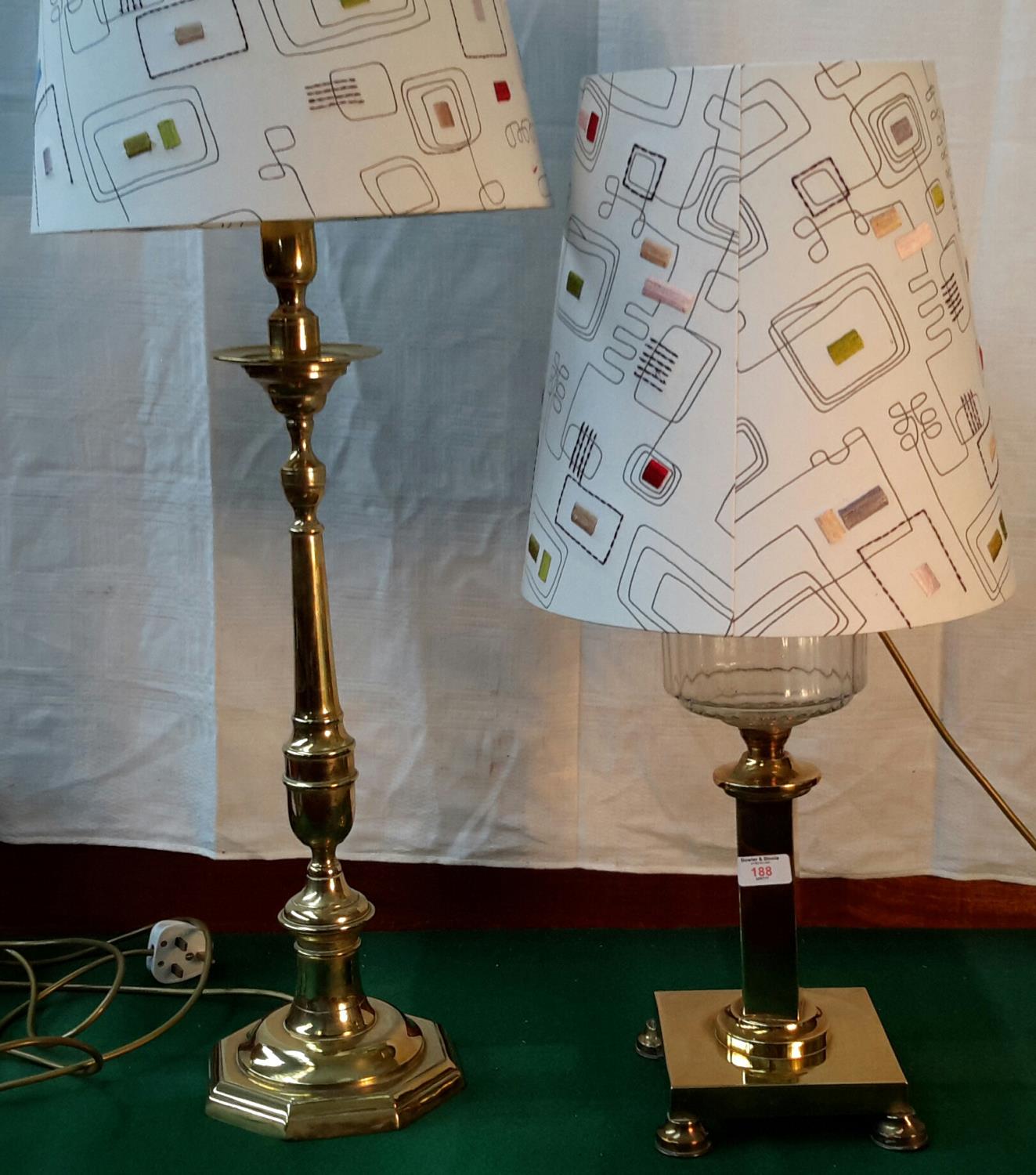 Converted paraffin brass lamp (working), together with heavy brass table lamp, both have matching