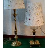 Converted paraffin brass lamp (working), together with heavy brass table lamp, both have matching