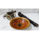 Poole pottery bowl, musical canon & shillelagh club