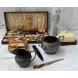 A selection of ep souvenir spoons, Royal Dux figurine, trinket box & EP sugar & cream