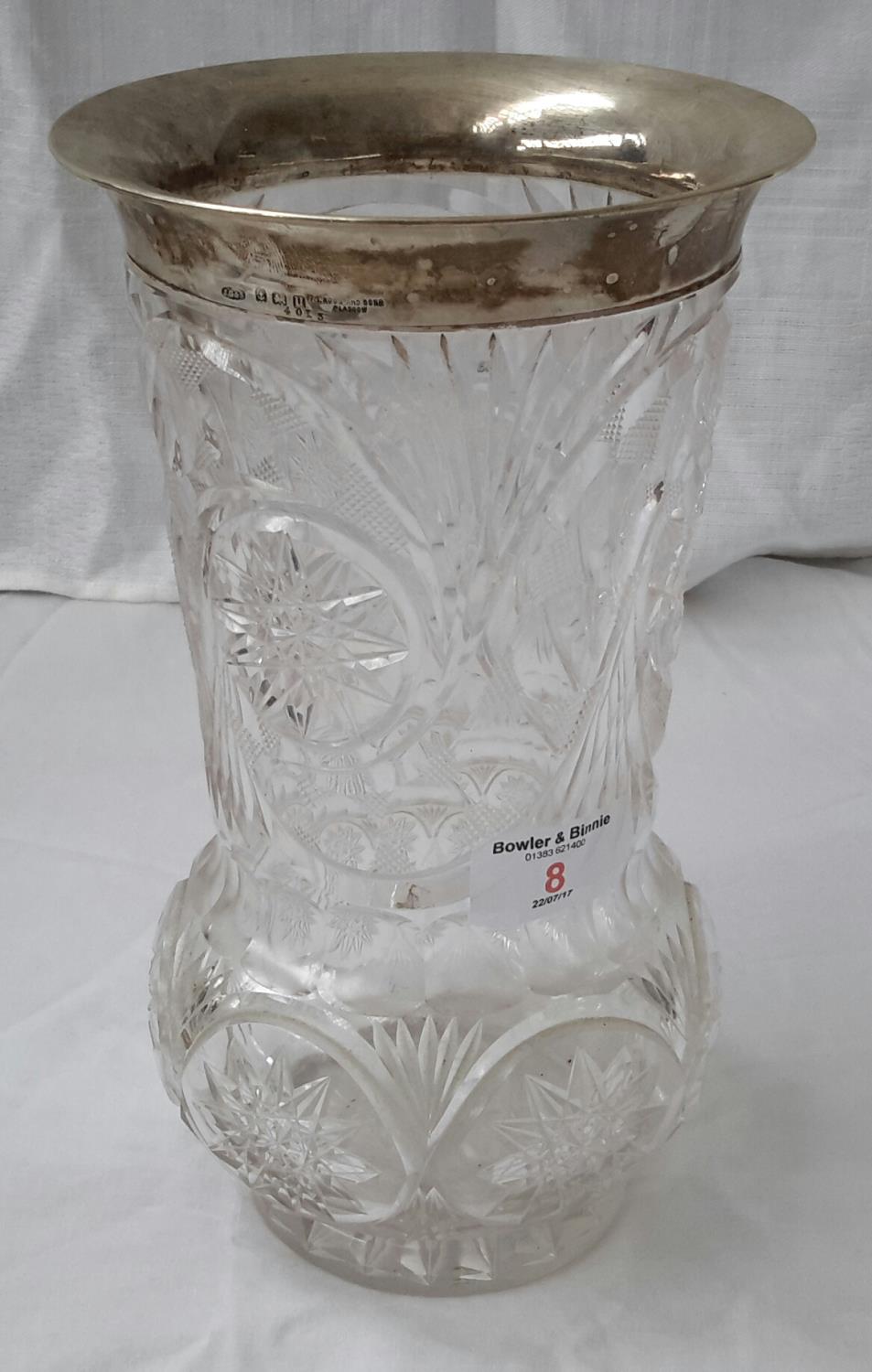 Birmingham silver rimmed large crystal vase , 23.5cm tall