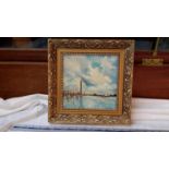 Carl Paul oil on canvas harbour scene in fitted gilt frame, 19.5cmx19.5cm