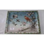 Early 1900's oriental serving tray with hand painted bird design & signature tot he back