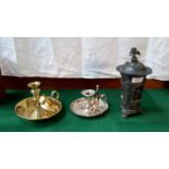 Victorian brass candle holder, silver plated candle holder together with antique pewter pot