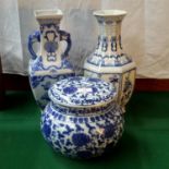 2 oriental blue & white vases together with blue & white storage pot