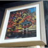 Large oil painting of oriental pagoda on a water front signed by artist Decknamlee