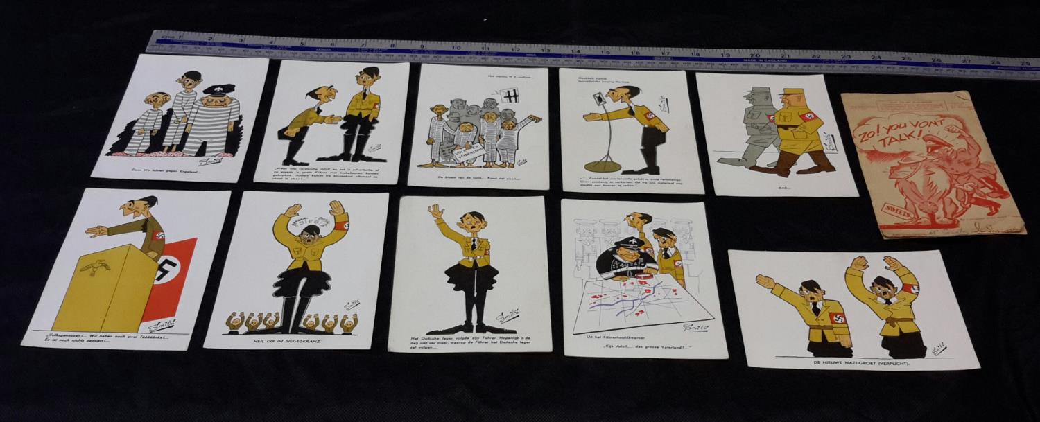 10 German Nazi (Hitler) cartoon postcards, together with 1942 document titled 'Zo! You Von't Talk'