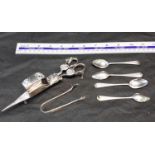 Victorian London silver tea spoons, Sheffield silver tongs & EP grape scissors