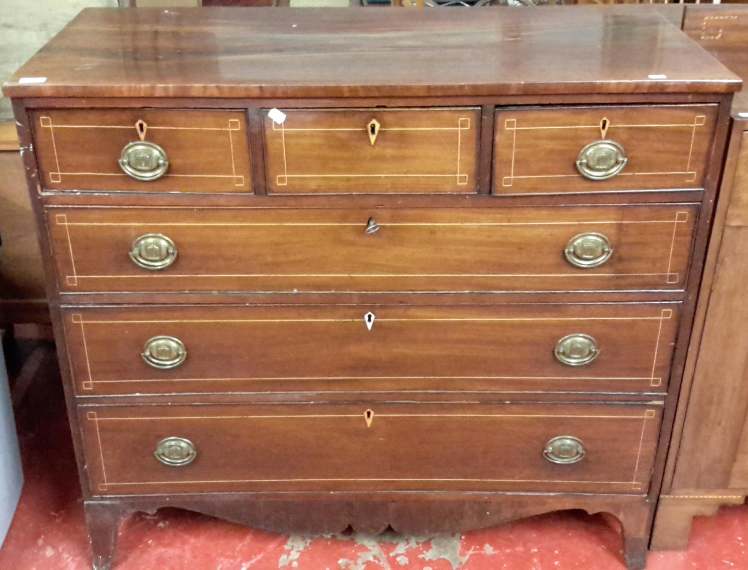 Edwardian 3 over 3 chest of drawers with inlays & key