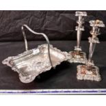 Silver plated ornate swing handle basket together with 2 candlesticks
