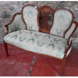 Edwardian 2 seat settee with inlaid back & green material upholstery