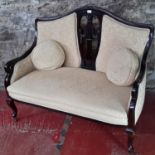 Edwardian 2 seat settee finished in gold material upholstery and complete with matching pillows