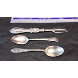 Victorian Sheffield silver pickle fork, Sheffield silver spoon & Birmingham silver spoon by Arthur