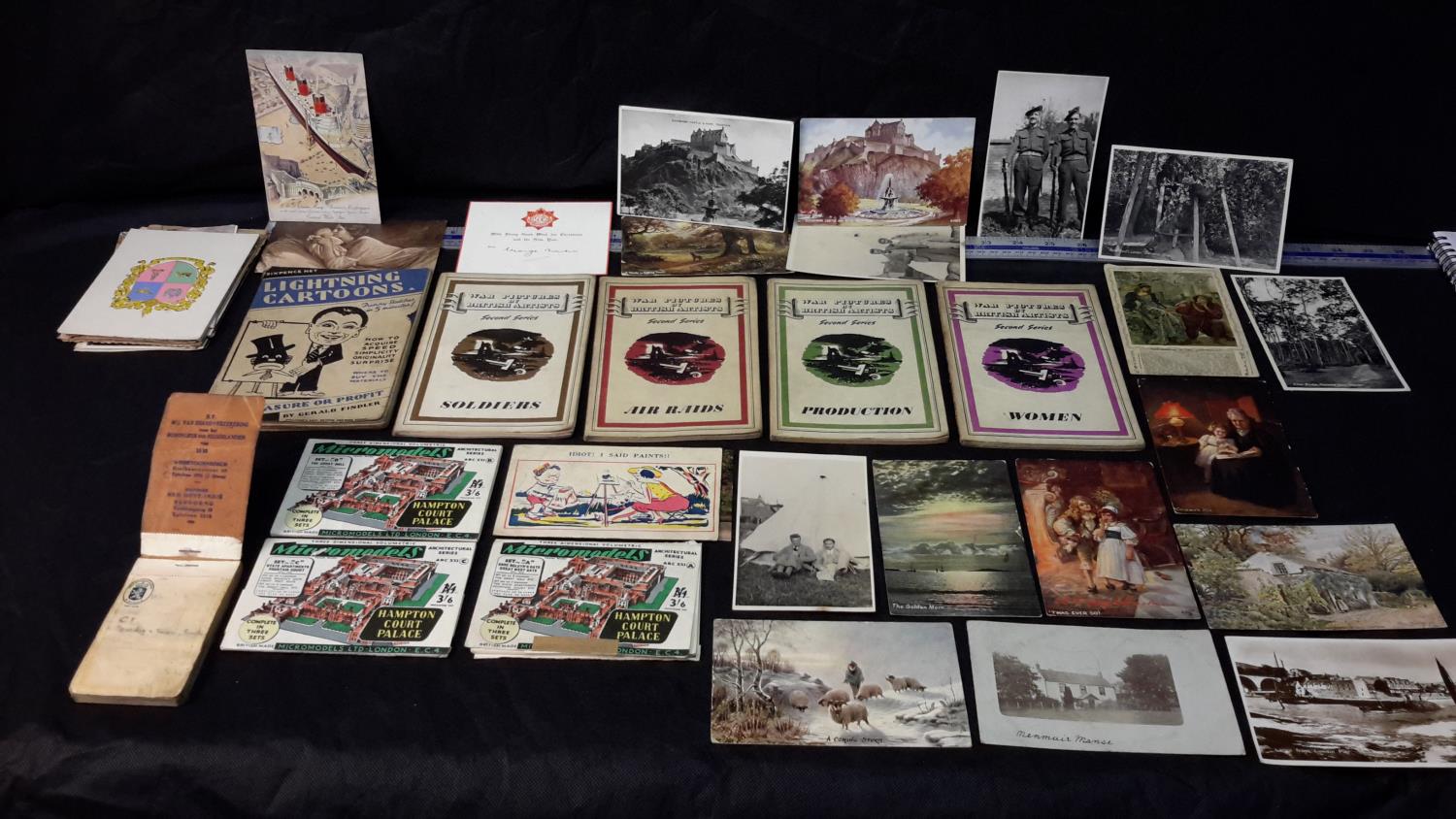 A collection of Military war picture books, micromodels & early 1900's postcards