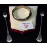 Birmingham silver bangle & 2 Birmingham silver pickle forks