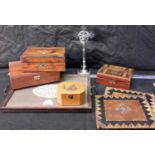 Serving tray, Mauchline box, oriental coin, inlaid mats, crucifix & 3 boxes