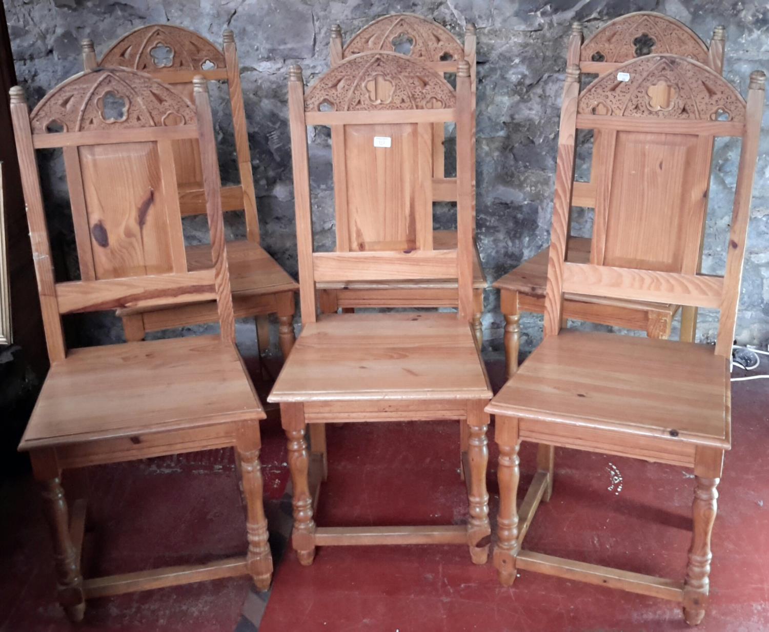 6 pitch pine dining chairs in a church style design