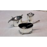 Chester silver lidded condiment pot, pepper pot & Birmingham silver condiment pot, both with blue