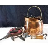 Copper & brass coal bucket, bellows & various scraper tools