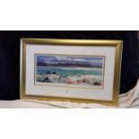 A framed limited edition, 102/300 print of Taransay Harns by J.M Feeney, signed in pencil