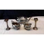 Three piece EP tea service & a pair of EP ball & claw style bud vases