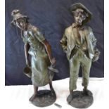 A large pair of bronze pattinated spelter figures depicting farm boy & girl, Titled ' Fermiere &