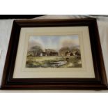 Isabel Castle watercolour of village outskirts, 35.5x25cm, in a fitted frame