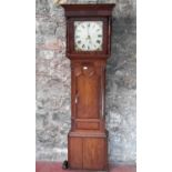 Oak long cased grandfather clock with hand painted face
