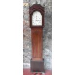 Oak long cased grandfather clock with brass finial's & two bullet style weights