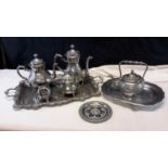 Silver plated tea/coffee service with gallery tray together with Arabic teapot, plate & dish