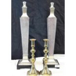 A pair of brass Victorian candle sticks together with 2 large lamp bases