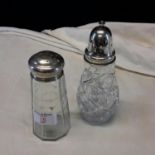 Sheffield silver topped sugar shaker with etched glass base, 13cm tall & one other silver topped