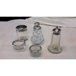 Two silver rimmed salts, cruets & crystal preserve