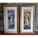 Two Boyd Kirkman (American artist) jockey prints, signed in pencil in fitted gilt frames, 141x74cm