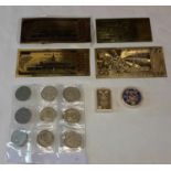 A selection of 4 24kt Gold foil bank notes, a sleeve of Russian coins & 2 cased coins.