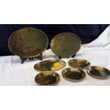 Three Chinese brass serving trays, arabic plate & three brass plates