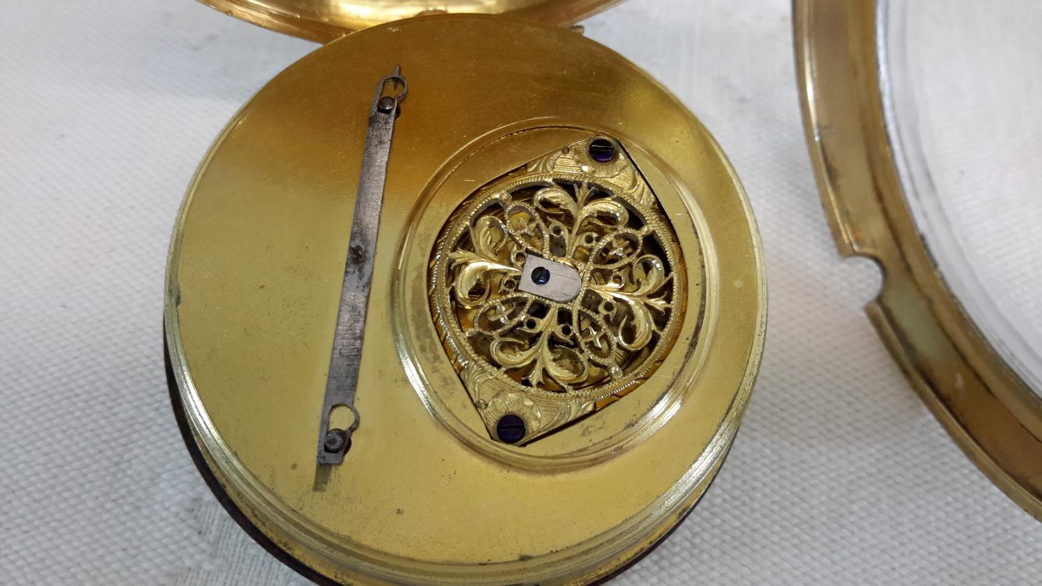 A large late 18th century verge in a decorative gilt consular case, full plate gilt fusee - Image 3 of 5