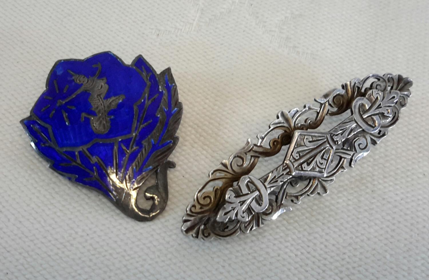 A silver and enamel brooch together with Birmingham silver brooch