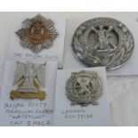 The Royal Scots badge, black watch plaid brooch, Royal Scots dragoon guards 'Waterloo' cap badge &