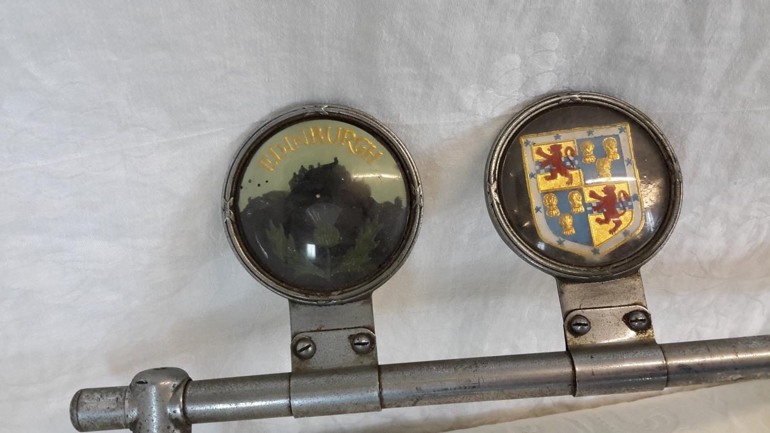 A collection of vintage car badges with bar, 2 Lucas head lamps & vintage mirror - Image 2 of 2