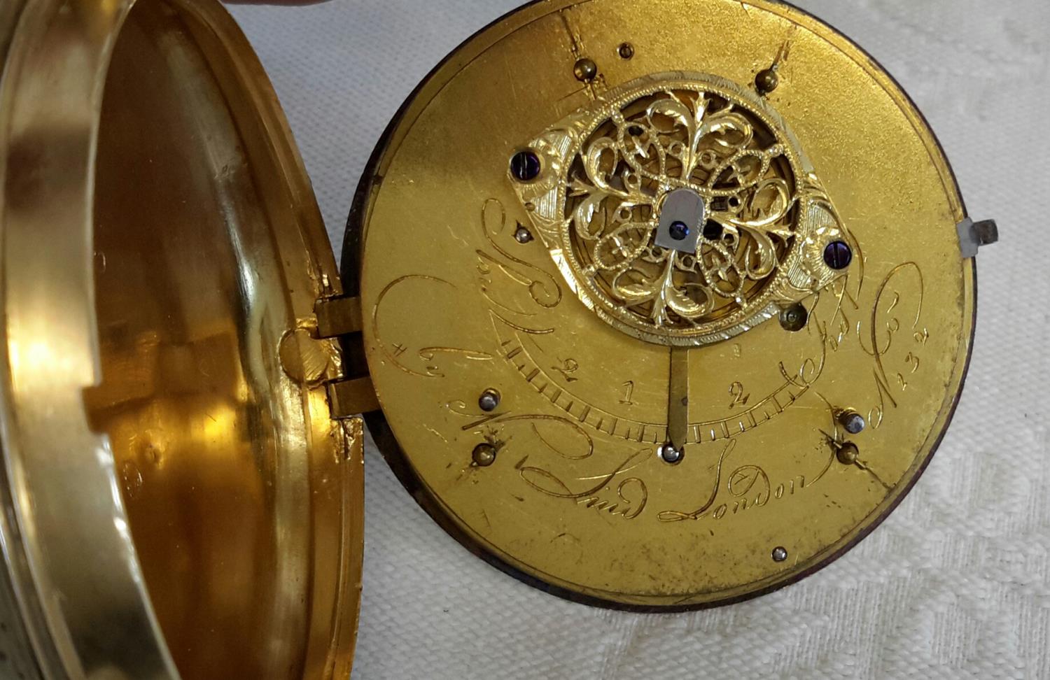 A large late 18th century verge in a decorative gilt consular case, full plate gilt fusee - Image 5 of 5