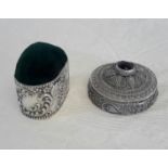 925 Silver pill box with Filigree design, together with 925 silver & green material pin cushion. 4cm