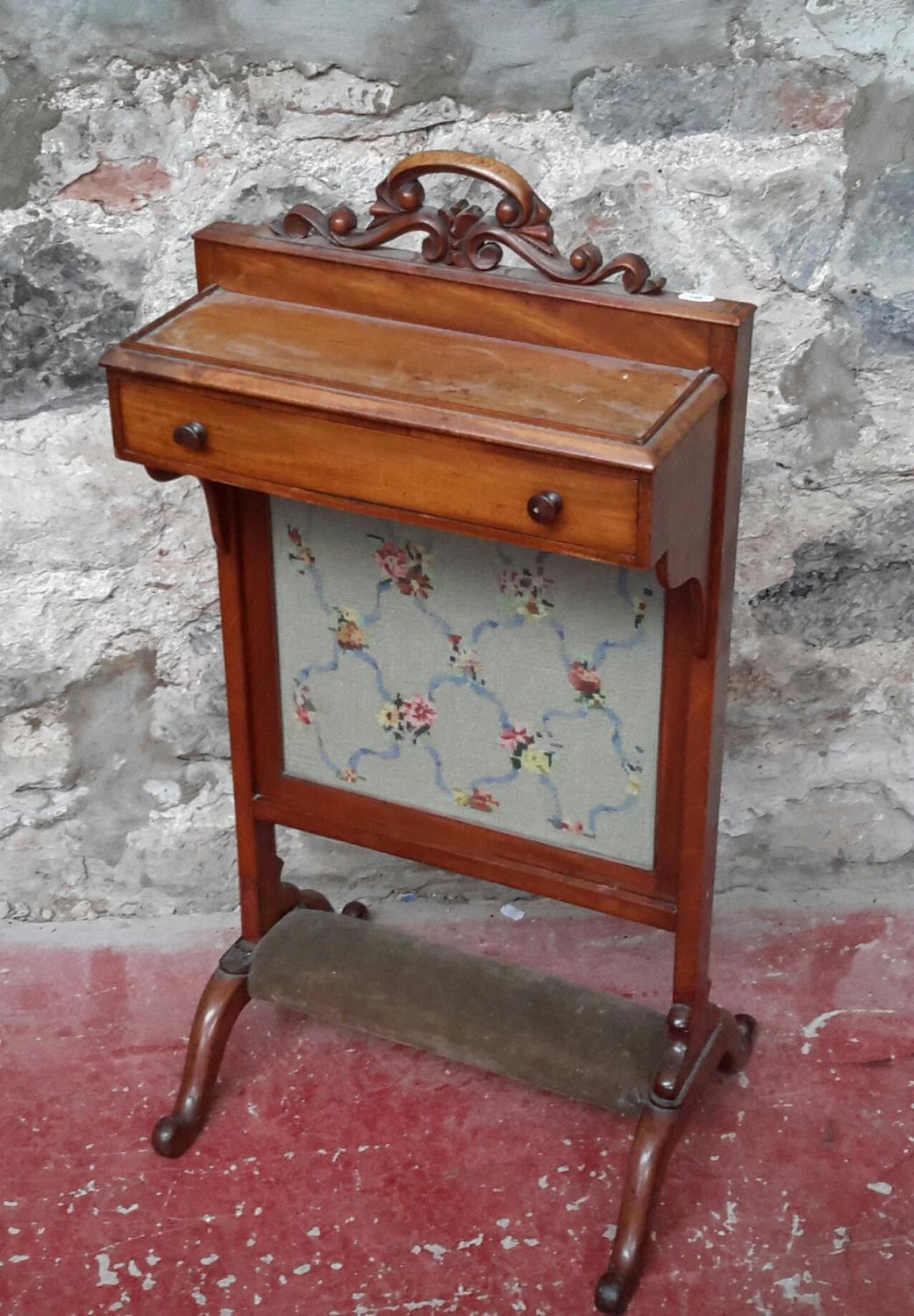 A Victorian ladies writing desk/firescreen with fitted drawer & padded foot rest